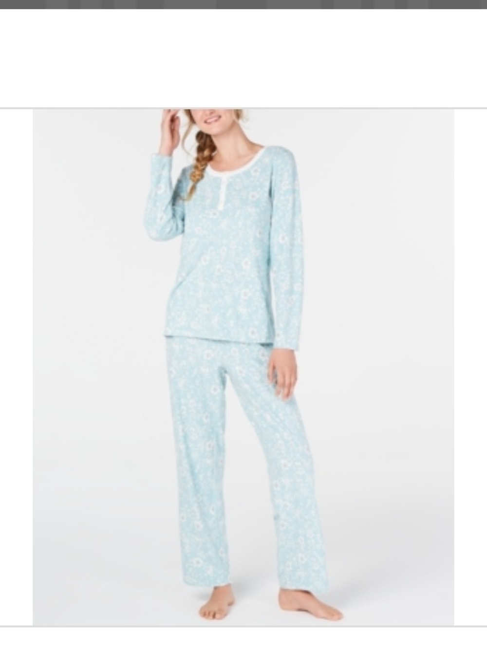 Women Charter Club Super Soft Textured Aqua Floral Vine Print 2 Pc PJ